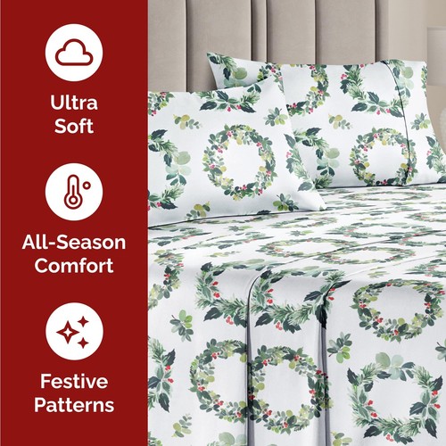 King Christmas Holiday Wreath Sheet Set - Holiday Xmas Pattern Bedding Set - ... - Picture 3 of 7