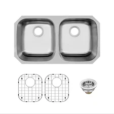 32 In. Undermount 50/50 Double Bowl 16-Gauge Stainless Steel Kitchen Sink with B