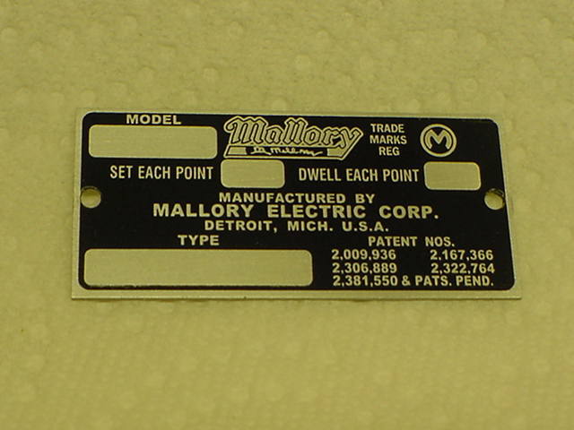 Mallory Electric acid etched aluminum data plate & Patent Number plate Mallory Electric acid etched aluminum data plate & Patent Number plate