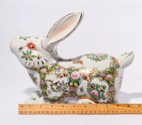Vintage Famille Rose Bunny Rabbit Gilt Ceramic Sculpture, Hand Painted, Floral - Picture 6 of 6