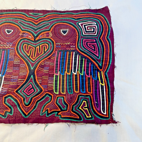 VTG w Tag Hand Sewn Mola 2 Birds & Heart Panama Applique Folk Art Textile 16x13 - Picture 3 of 8