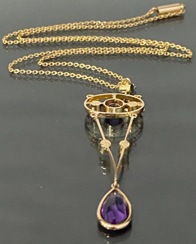 Edwardian 15K Yellow Gold W/Amethyst & Pearl Drop Necklace 41.0cm - Picture 2 of 8