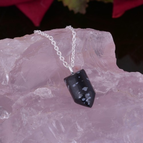Black Snowflake Obsidian Crystal Pencil Pendant Pencil Hook 925 Silver Necklace - Picture 7 of 12