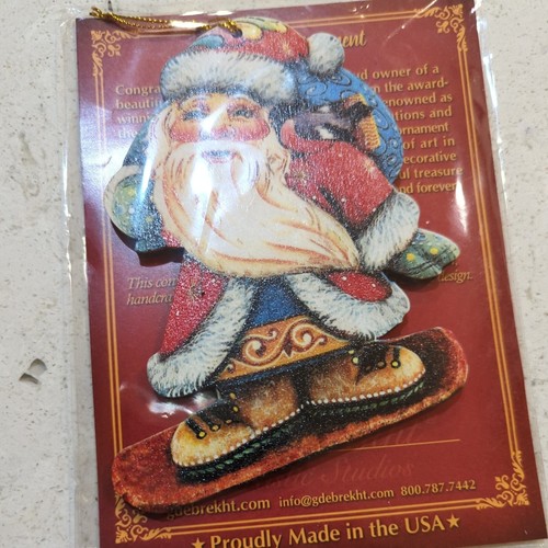 Vintage G. DeBrekht Folk Art Santa Skier Wooden Ornament NEW - Picture 2 of 6