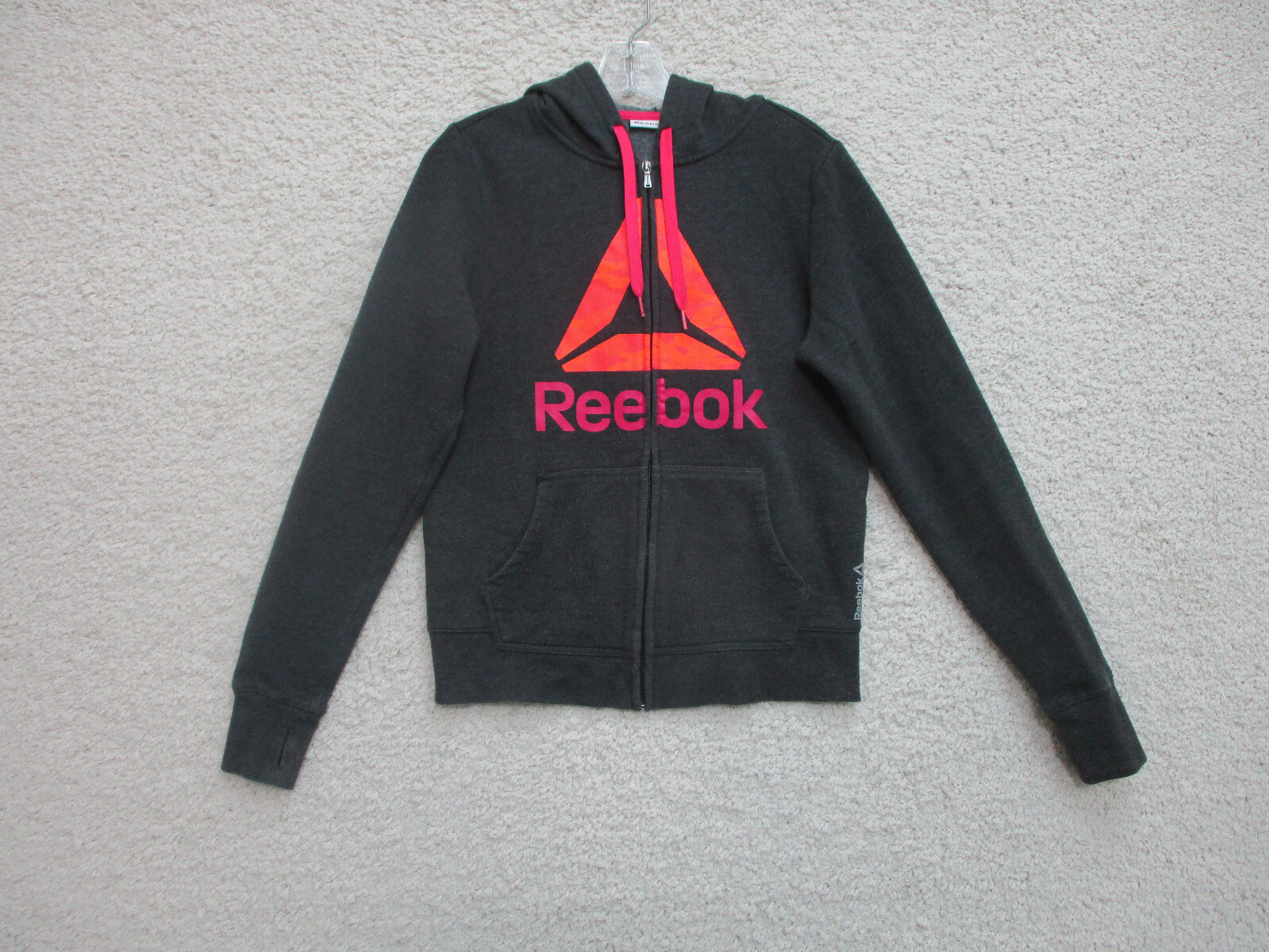 Reebok Sweater Medium Adult Black Hoodie Full Zip Pockets Spell Out Logo Womens
