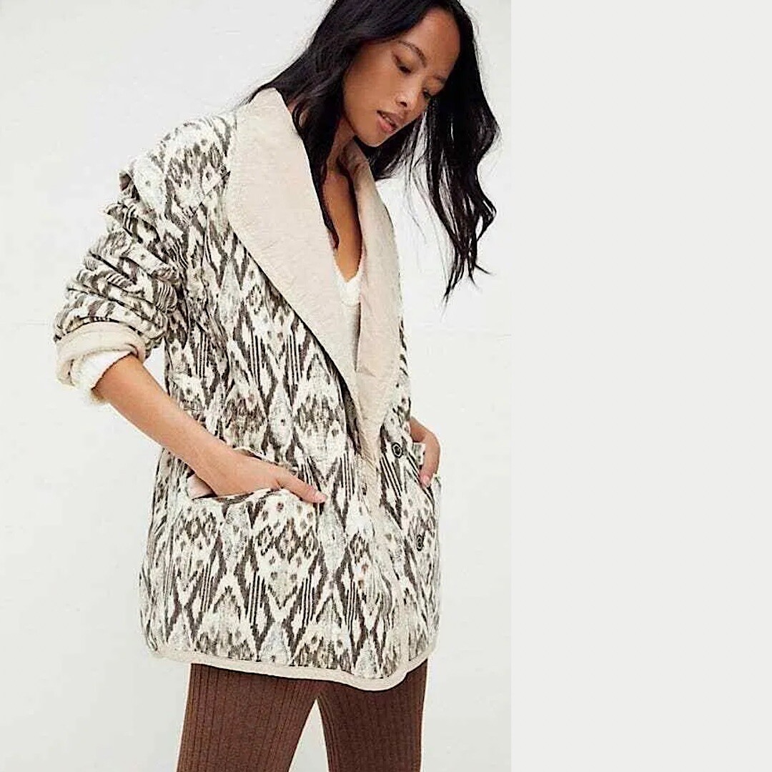 Free People Ada Quilted Jacket Velvet Cord Collar Oversized Gray