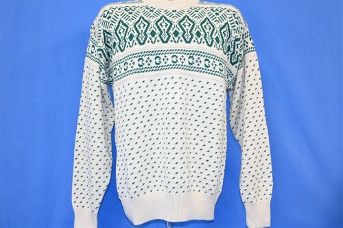 vintage 80s CAPE ISLE KNITTERS CREAM GREEN SNOWFLAKE COTTON PULLOVER SWEATER L - Picture 2 of 3