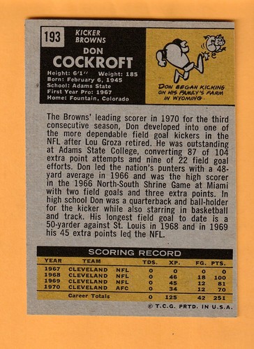 Don Cockroft Cleveland Browns 1971 Topps #193 Fountain Colorado - Picture 2 of 2