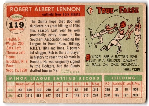 1955 Topps Bob Lennon RC Giants #119 - Picture 2 of 2