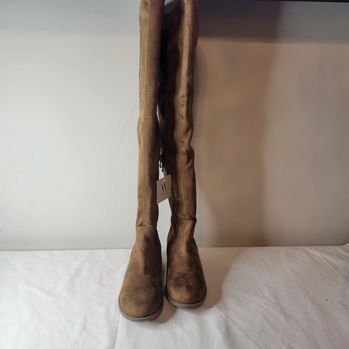 Sam Worthington Fitted Tall Above Knee Tan Faux Suede Flat Boots Zip Size 5M NWT - Picture 2 of 11