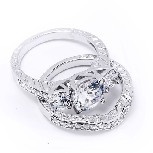 Juego de anillos de compromiso de alianza de boda de corte redondo de 3,5 quilates plata nupcial talla 5-9 - Imagen 5 de 8