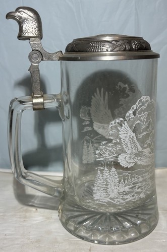 Vintage Domex German Beer Stein Mug Pewter Top Clear Glass Etched Eagles - Bild 3 von 6