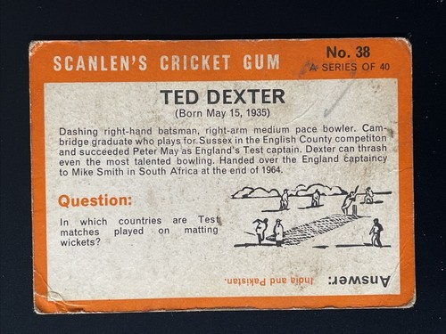 CARD NUMBER 38 TED DEXTER 1965 SCANLENS CRICKET CARD CONDITION IS DOWN - Picture 2 of 2