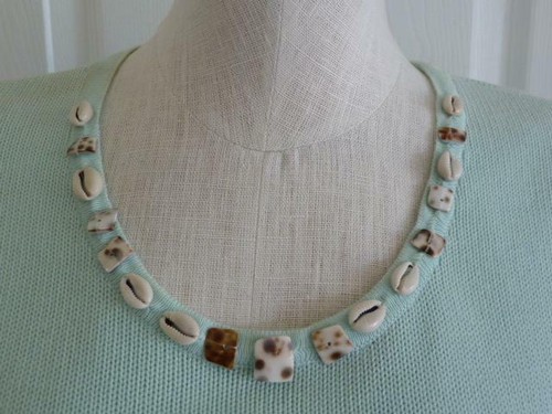 Art-to-Wear Olsen Europe Chic Cotton Light Mint Aqua Real Sea Shells Sweater~S/M - Picture 2 of 12