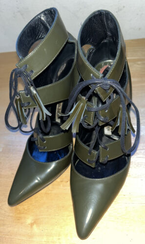 $895 MANOLO BLAHNIK Lace-up Olive Patent Leather Stiletto Heels Size 36 1/2 US 6 - Picture 3 of 11