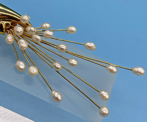 Vogel Brosche - Pfau nicht signiert 19 Süßwasserperlen goldfarben facettiert klares Auge - Bild 8 von 12