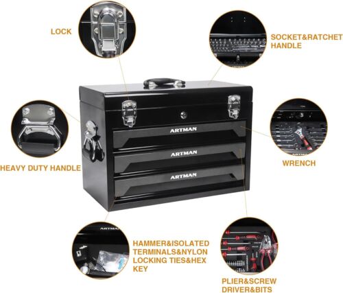 Tool Set Box with Handle & 3-Drawer Heavy Duty Metal Box-439 Piece Tool Kits - Picture 51 of 56