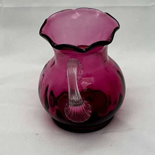 Vintage Glass Hand Blown Cranberry Ruffled Small Pitcher Creamer 4" Art Glass - Picture 5 of 11