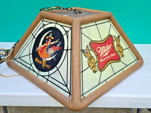 Miller High Life Beer Sign Light Hanging Lamp 1984 LADY ON MOON Faux Stain Glass