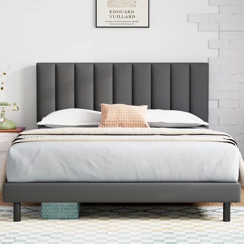 Full Queen King Size Bed Frame, Linen Fabric Upholstered Platform with Headboard