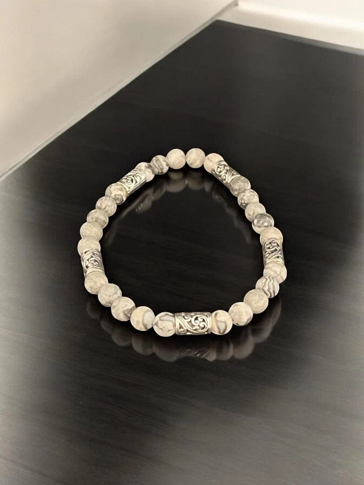 Map Stone + Tibetan Silver Straight Barrel Bead Bracelet 地圖石＋藏銀直桶珠手鍊 - Image 3 of 3