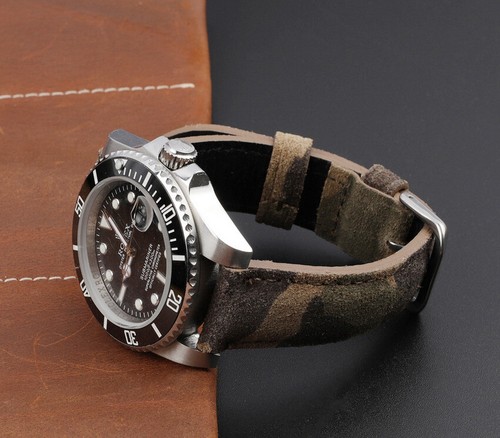 18 20 22mm Leather Watch Band Suede Camouflage Military Style Replacement Strap - Picture 5 of 7
