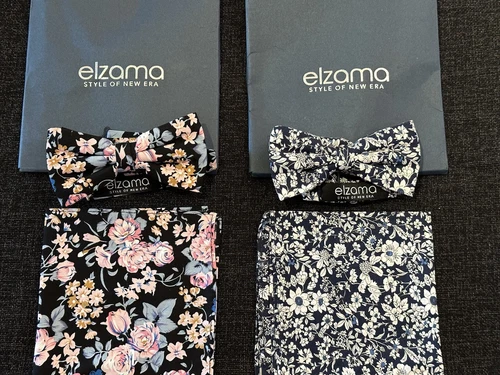 Elzama Mens Floral Self-tied Adjustable Bow Tie w/ Hankie Set lot of 2 New - product listing photo