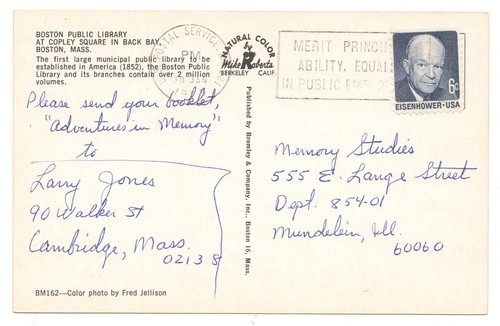 Boston Public Library Copley Square McKim Building Postcard Massachusetts - Picture 2 of 2