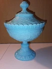 Vintage French Blue Opaline Pedestal Lidded Dish Candy Bowl Lid MILK GLASS 8.75"