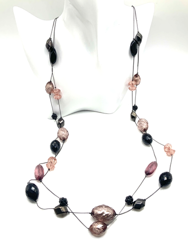 Signed NY Brown + Beige +Rose Acrylic Crystal Faced Multi Strand Choker Necklace - Picture 3 of 12