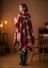 Plaid Hooded Shawl Wrap Fall Winter Boho Outerwear Warm Blanket Scarf with Hoodi