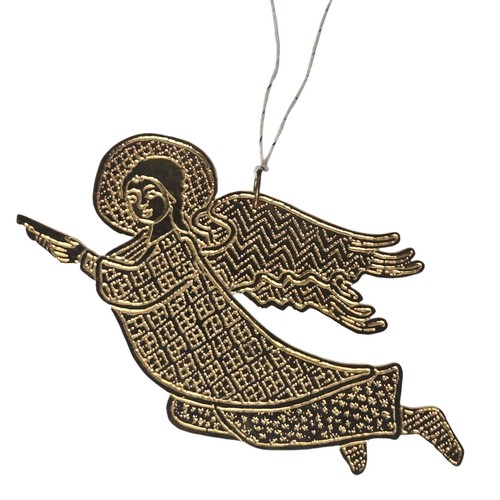 MMA Gold Tone - Vintage Shiny Winter ANGEL Motif Pendant ETCHED ART 4” - Picture 1 of 8