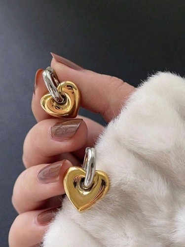 Gold Heart Hoop Earrings 18K Yellow Silver Stainless Steel Non-Fading Waterproof - Picture 1 of 6