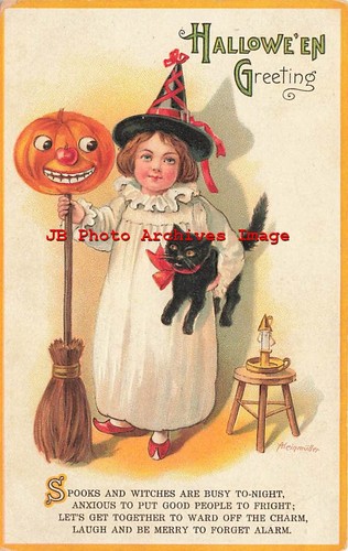 Halloween, IAP No 1002-2, Signed Aleinmuller, Witch Holds Black Cat & JOL Broom