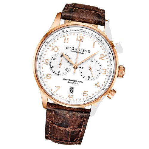 Stuhrling Original 4012 4 Quartz Chronographe Date Cuir Marron Montre Hommes - Photo 2 sur 3