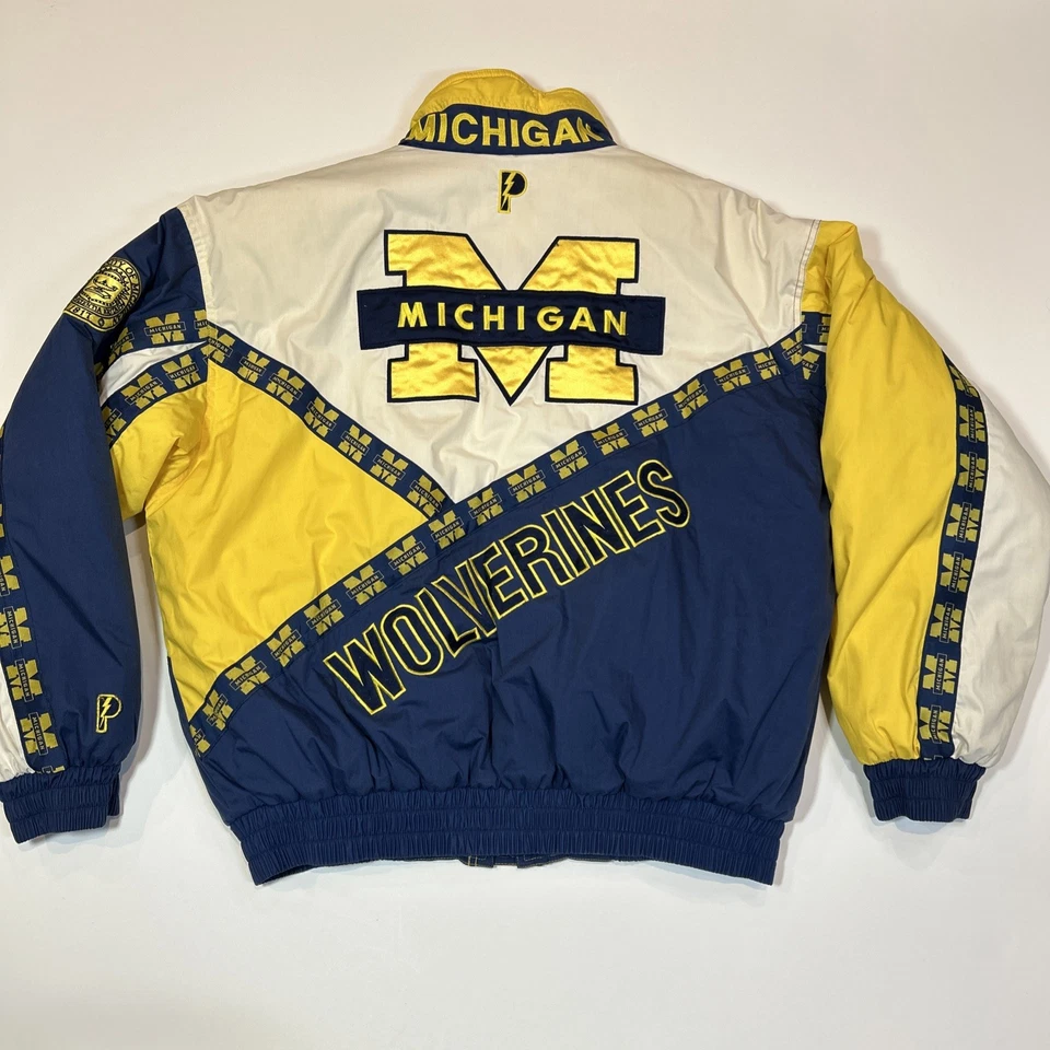 Chaqueta acolchada vintage de los 90 Pro Player Michigan Wolverines para hombre XL cremallera completa azul Foto 2 de 4