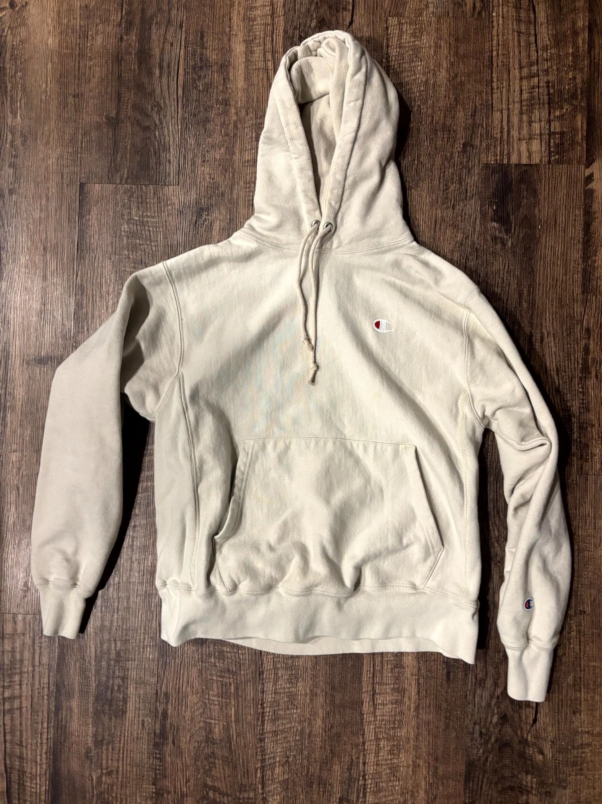 Champion Hoodie Mens Medium Beige Fleece Lined Logo Outdoor Kangaroo Pockets