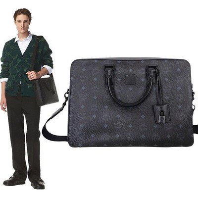 NEW $890 MCM Black Gray COATED CANVAS Klassik Visetos Briefcase BAG w/ STRAP