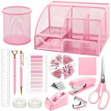 11 Pcs Pink Office Supplies Set Mesh Desk Organizer Accessories Kit Include S...