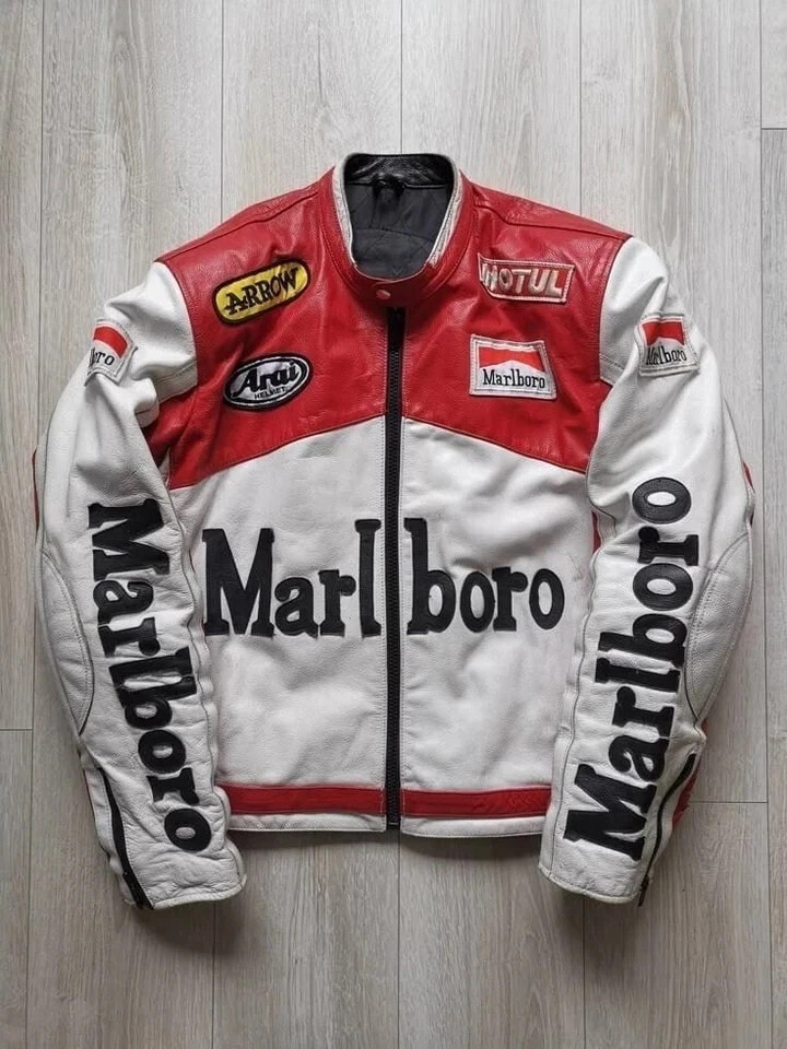 Marlboro Men's Red & White Motorcycle Jacket Real Cowhide Leather
