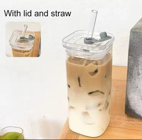 Square Heat Resistant Coffee Glass Cup With Lid and Straw Transparent Cups - Picture 2 of 3