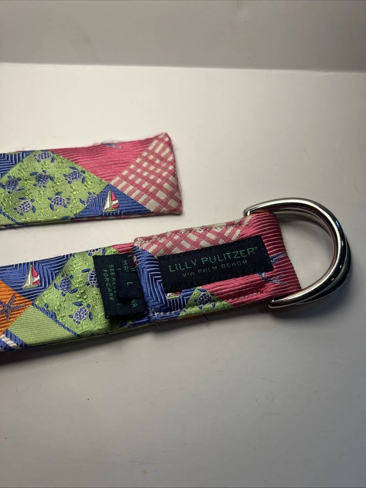 Cinturón Lilly Pulitzer Via Palm Beach 100% Seda Rosa Verde Talla L Mar Tema D Anillo Foto 2 de 4