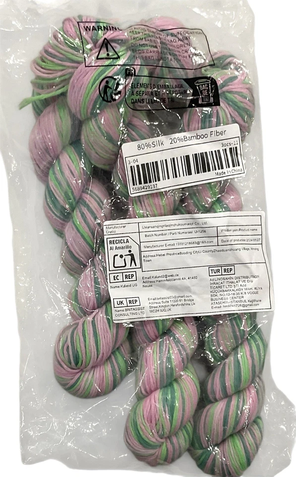3-80% Silk 20% Bamboo Fiber Yarn Dark Green Lime Pink 100 G Per Hank - Image 2 of 2