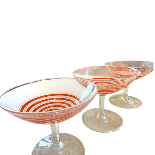 Three Mini Red/White Swirled Stemmed  Martini Glasses Art Deco 1950-60 VTG MCM - Foto 5 di 8