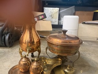 Polished Copper & Brass Tea Set w/ Tray Creamer Sugar Bowl & Lid