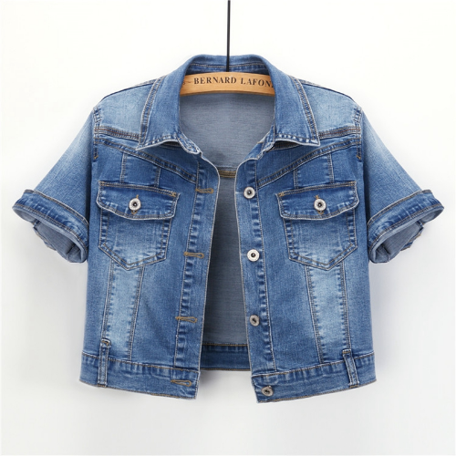 Denim Jacket Women Short Sleeve Jean Jacket Woman Elastic Comfortable Denim Coat - Picture 25 of 26