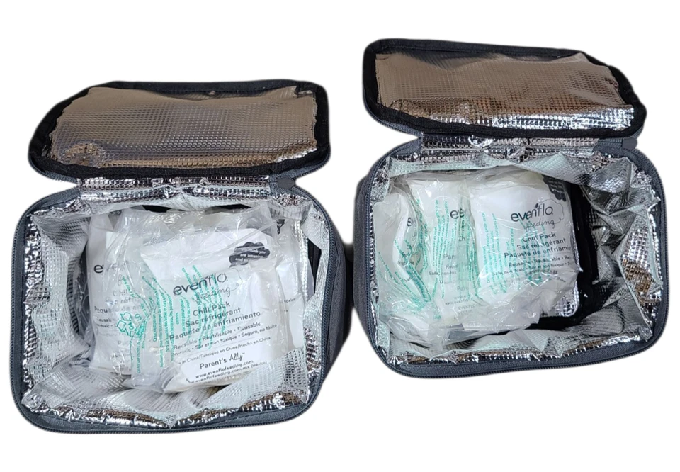 2 bolsas aisladas Evenflo y 6 bolsas de hielo botella de leche enfriador de viaje congelador gris Foto 3 de 4