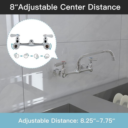 Commercial Kitchen Sink Faucet 8 In Center 2 Handle 12" Swivel Spout Wall Mount - Picture 3 of 9