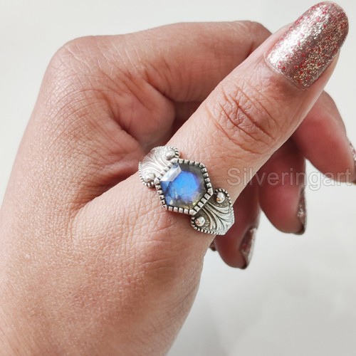 HEXAGON BLUE FIRE LABRADORITE GEMSTONE 925 STERLING SILVER WEDDING WOMENS RING - Picture 3 of 9