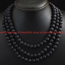 Handmade Natural 8mm Black Lava Gemstone Round Beads Necklace 36-100in